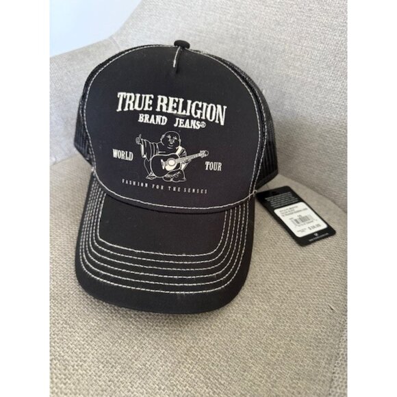 True Religion Logo Buddha Black Snapback Trucker Mesh Hat Cap White Stitching NW - Picture 1 of 9